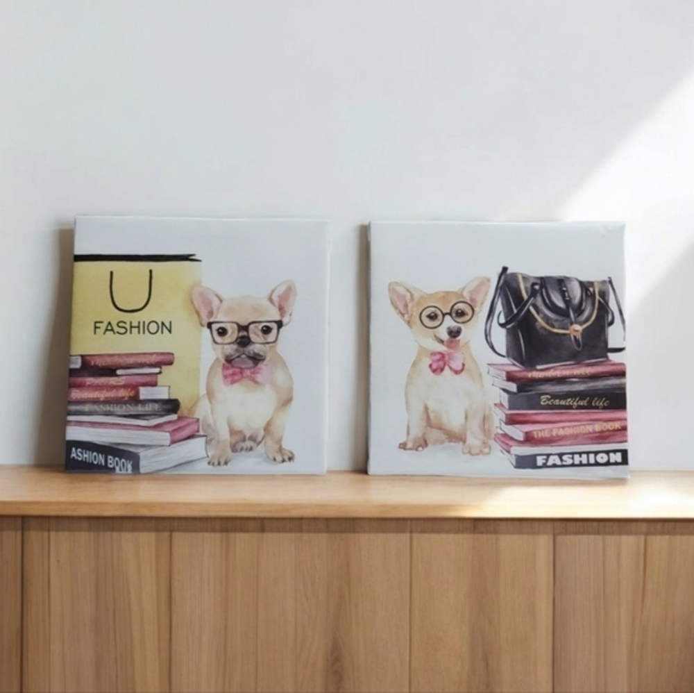 Animal Wall Art Canvas Fashion Book Corgi  French Bull Dog Glam Home Décor 7 × 7
